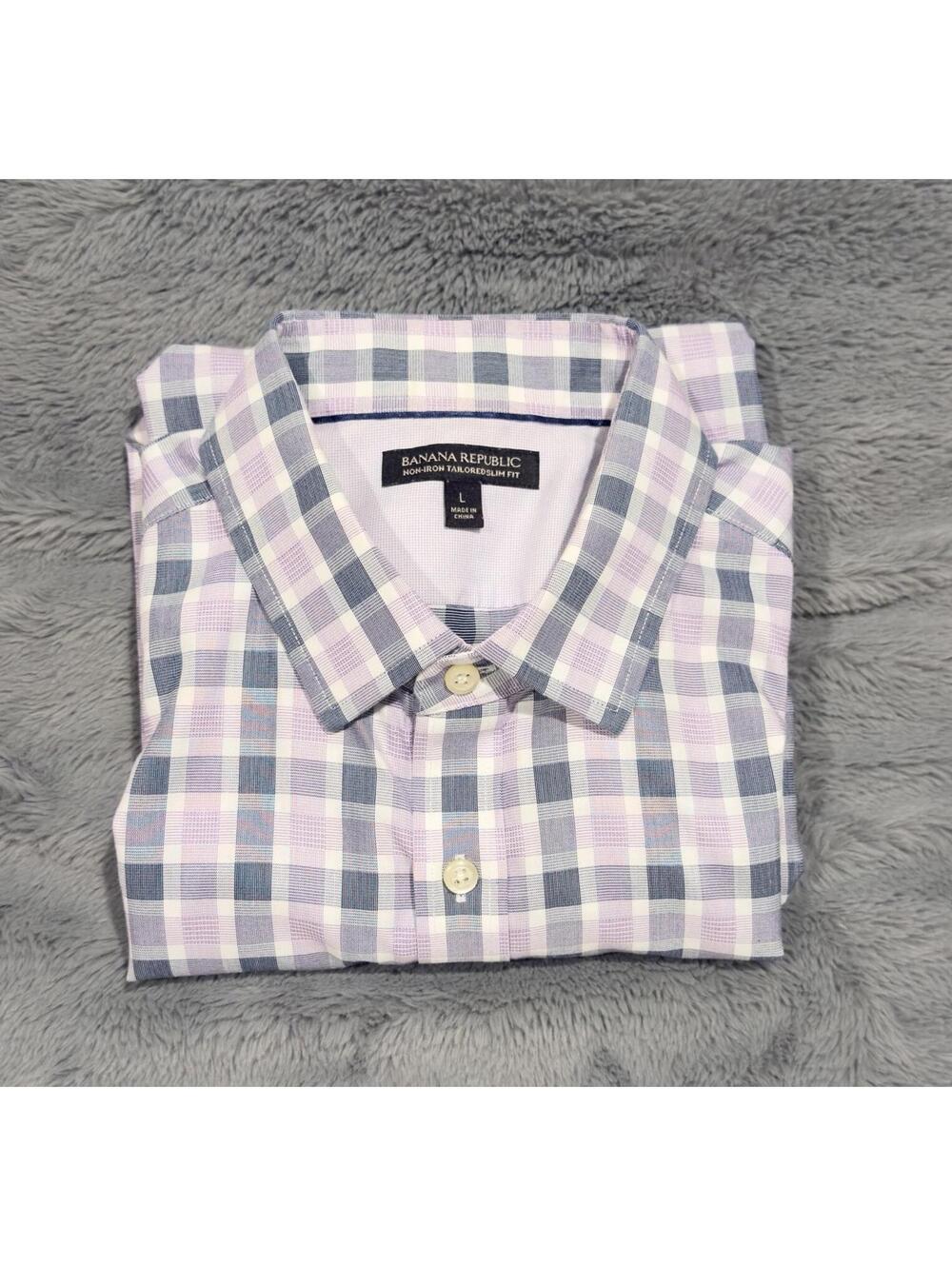Banana Republic shirt Men L Non-Iron Tailored Slim Fit purple gray Check Pattern